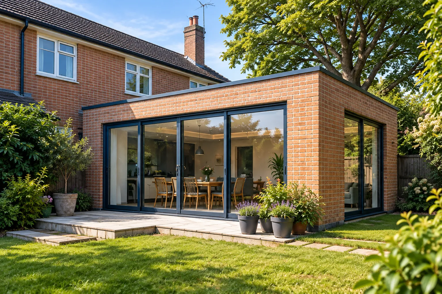 Illustrative brick rear extension with dark-framed glazed doors opening onto a garden patio.