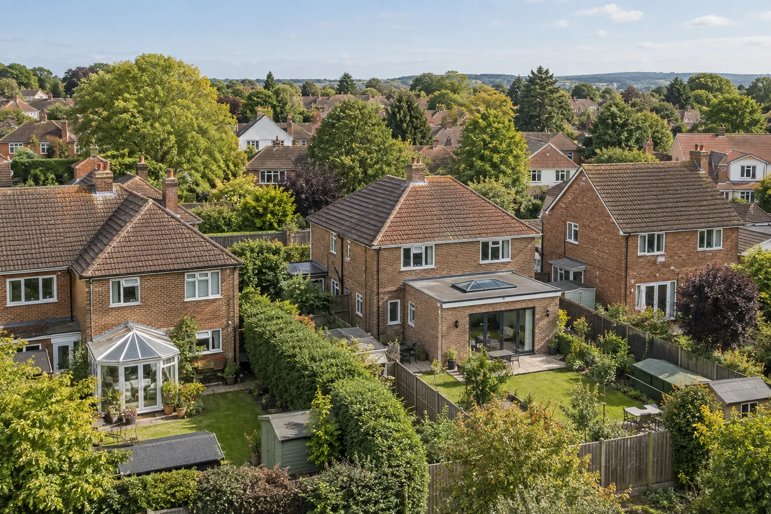 Illustrative elevated view of brick homes and gardens, with a modest rear extension in the foreground.
