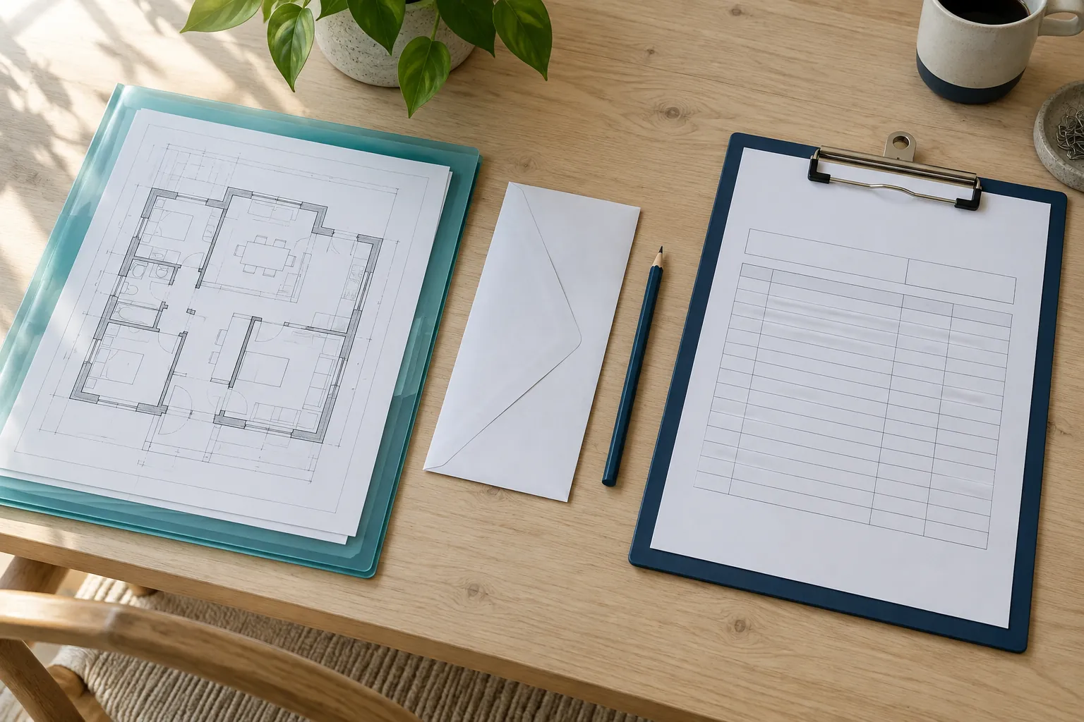 Illustrative architectural plan and separate blank quotation form arranged on a desk.