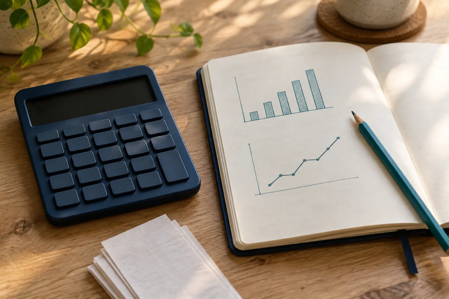 Illustrative calculator and notebook with simple charts for reviewing research effort and outcomes.