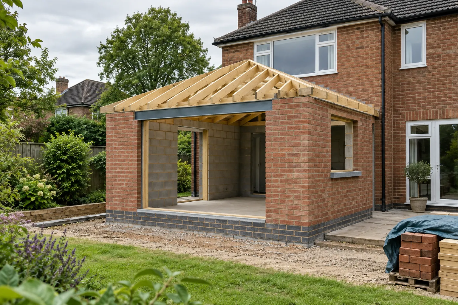 Illustrative brick house extension under construction, with new masonry and timber roof framing.