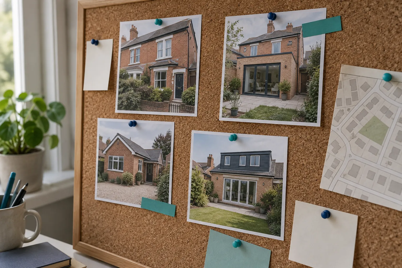 Illustrative corkboard with residential project photographs and notes arranged as a shortlist.