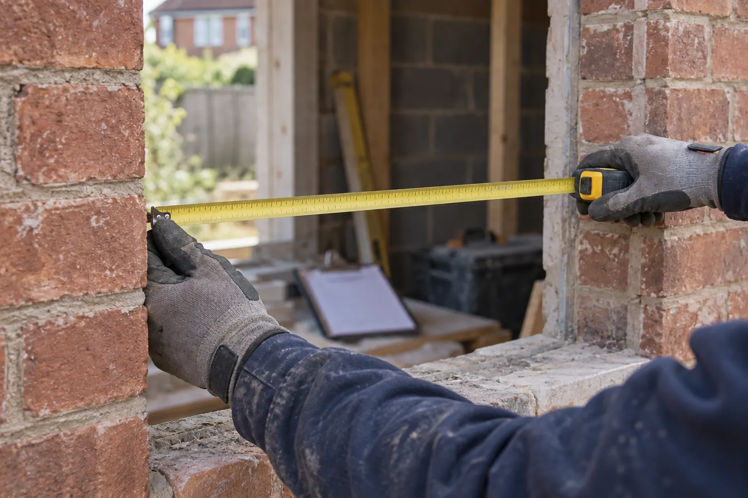 Illustrative builder's gloved hands measuring a brick opening during an extension assessment.