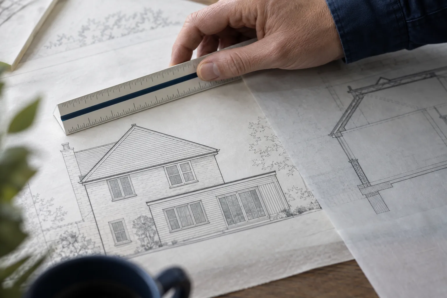 Illustrative hand holding a scale ruler over residential elevation and cross-section drawings.
