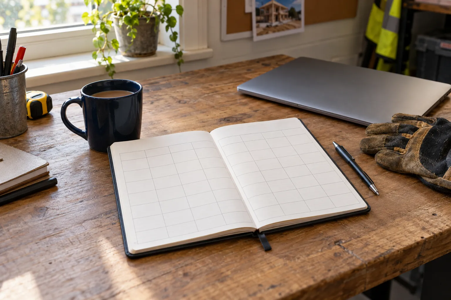 Illustrative weekly planner, laptop and work gloves on a small building business's desk.
